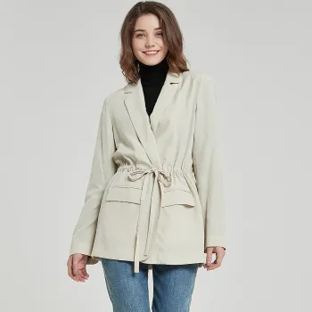 Women Beige Belted Wrap Lapel Casual Blazer Jacket