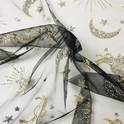 Glitter Lace Pegasus and Star Fabric with Golden Stripes