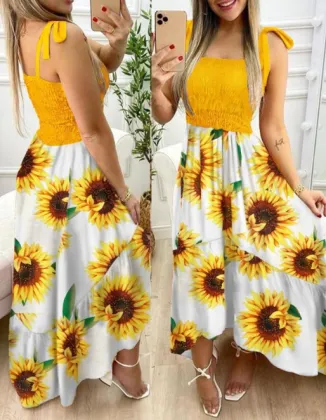 Women Sling patchwork printing irregular wrap dress