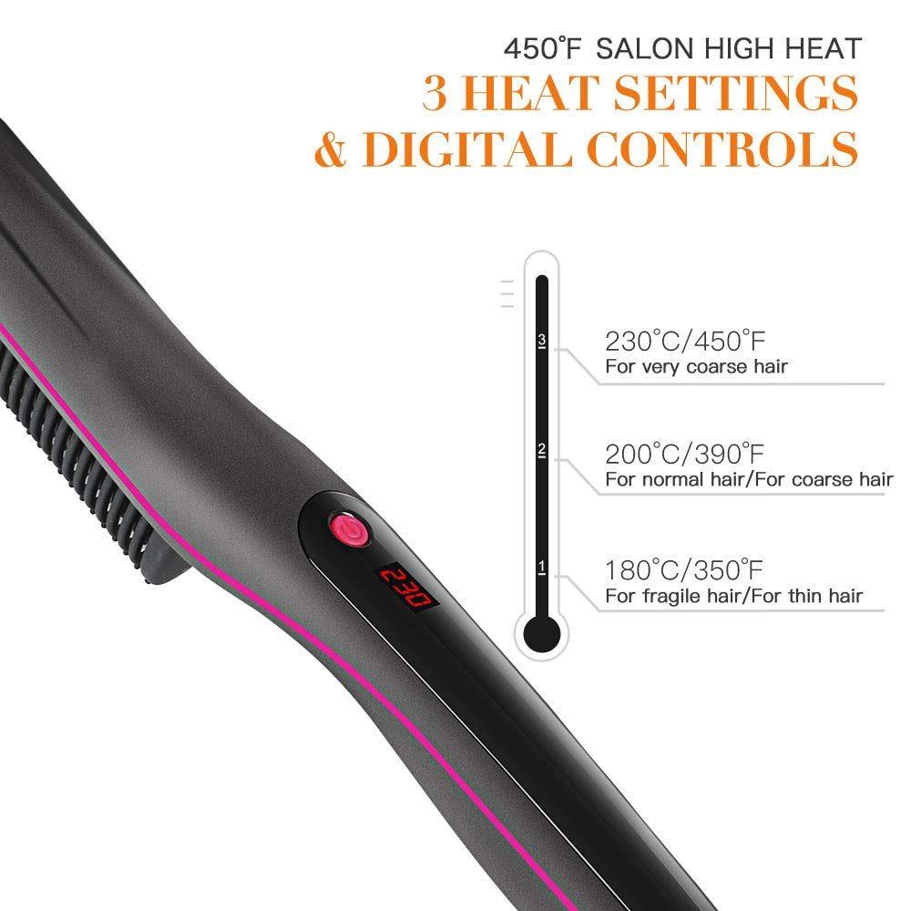 Hair Straightener Brush Hot Comb with LED Display Anti-scalding Comb Teeth 30s Fast Ceramic Heating Beard Straightener Comb