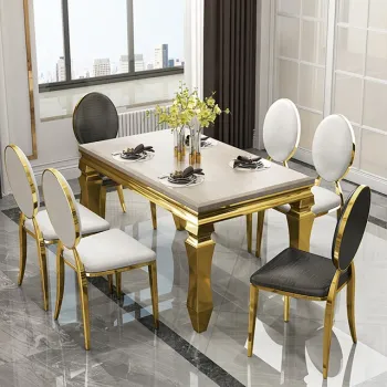 6 Seat Marble Top Rectangle Rose Gold Stainless Steel Dining Table