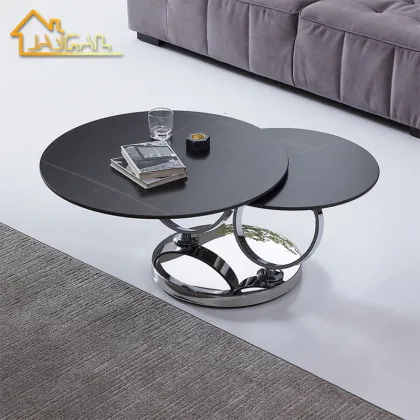 Black Rotating Coffee Table with Marble Ceramic Top and Metal Base - Two Tables Together