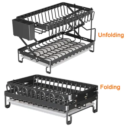 Manufacturer's Multifunctional Collapsible 2-Tier Household Storage Bowl Dish Rack with Utensil Holder and Dish Drainer: Organizing Kitchen Essentials Efficiently