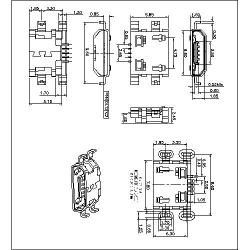 MUFM24 24-MICRO USB FEMALE 5PIN CONNECTOR,OFFSET TYPE,WITH 4 SHELL DIP,SINK 1.6MM 