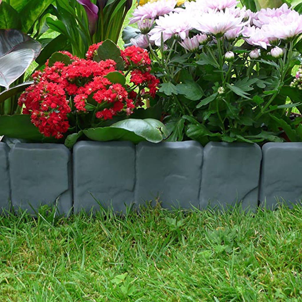 20Pcs Grey / Garden Fence Edging Cobbled Stone Effect DIY Plastic Lawn Edging Plant Border Decorative Garden Landscape #50