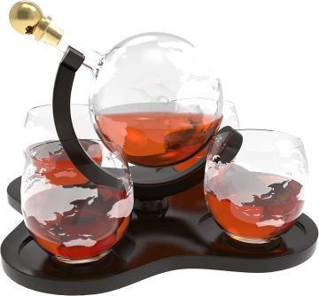 Newest Large Etched Globe Whiskey Decanter Set with Wooden Base for Bourbon, Brandy, and Vodka