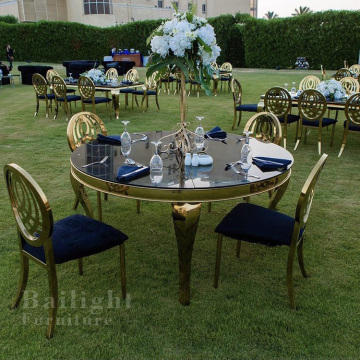 Made In Foshan Gold Base Luxury Dubai Glass Round Dining Table