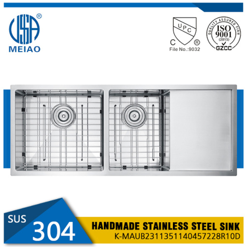 SUS304 Kċina Double Bowl Sink bi Drainboard