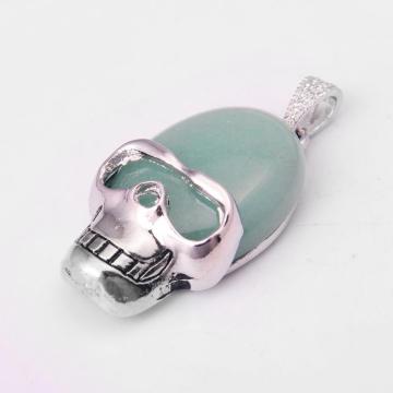 Green Aventurine Semi Precious stone Skull Alloy Pendant