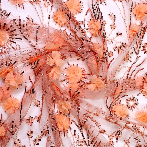 Orange Floral Sequin Embroidery Tulle Lace