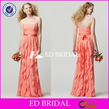 CE1029 Strapless Backless Long Coral Color Ruffles Latest Dress Designs For Bridesmaid