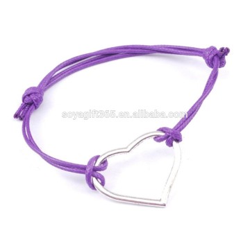 2PCs Silver Plated Heart Faux Suede Leather Cord Charm Bracelets