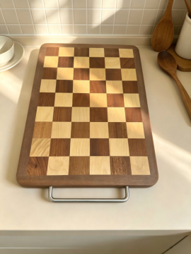 Geometric check wood cutting board for kitchen preparation