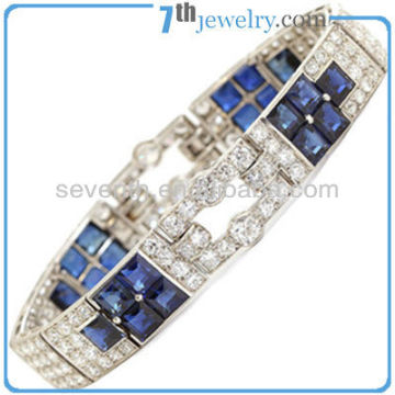 Custom Design Blue Sapphire CZ Diamond Brass Wide Cuff Bracelet With Rhodium Plating