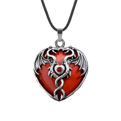 Red Jasper Heart Antique Silver Double Dragon Stone Pendant (32x42mm) Keychain