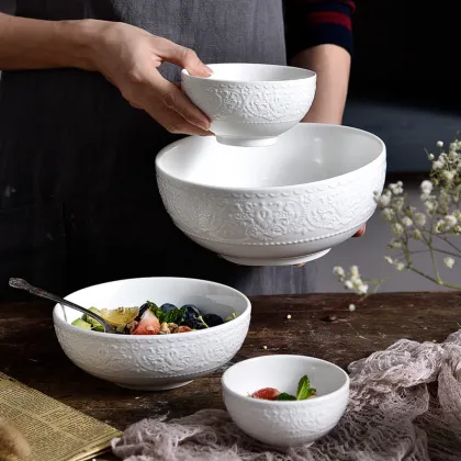 Wholesale Hotel Royal Worsted White Embossed Porcelain Dinner Bowl