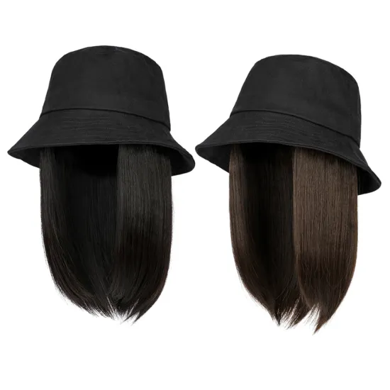Wholesale High Quality Synthetic Short Bob Wigs in Natural Black, 10 Inch with Detachable Bucket Hat