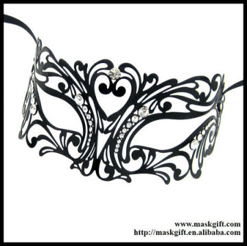 MC002 Luxury Gloss Black Venetian Filigree Metal Laser Cut Masquerade Masks With Clear Crystals - UOMO
