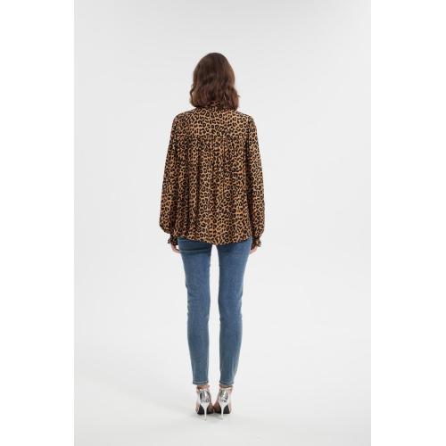 Long sleeve ruffle collar animal print blouse