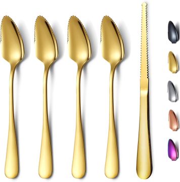Gold Grapefruit Spoons 5 Pieces Set, 4 Stainless Steel Grapefruit Spoon And 1 Grapefruit knife With Titanium Plating