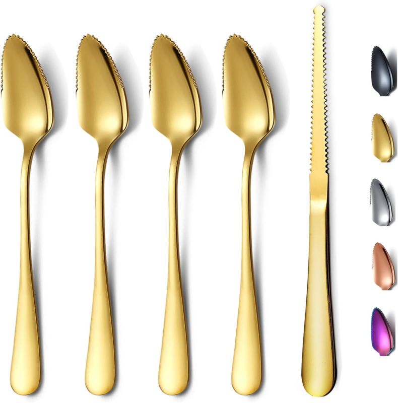 Gold Grapefruit Spoons 5 Pieces Set, 4 Stainless Steel Grapefruit Spoon And 1 Grapefruit knife With Titanium Plating