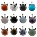 Gemstone Cat Round Stone Pendant Natural Stone Crystal Animal Cat Silver Plated Charm Pendant for DIY Jewelry Making New Arrival