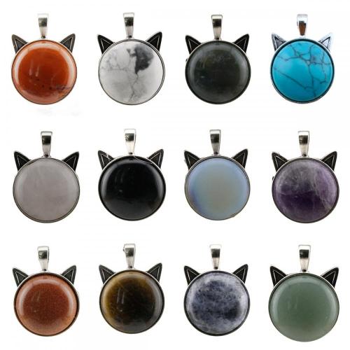 Gemstone Cat Round Stone Pendant Natural Stone Crystal Animal Cat Silver Plated Charm Pendant for DIY Jewelry Making New Arrival