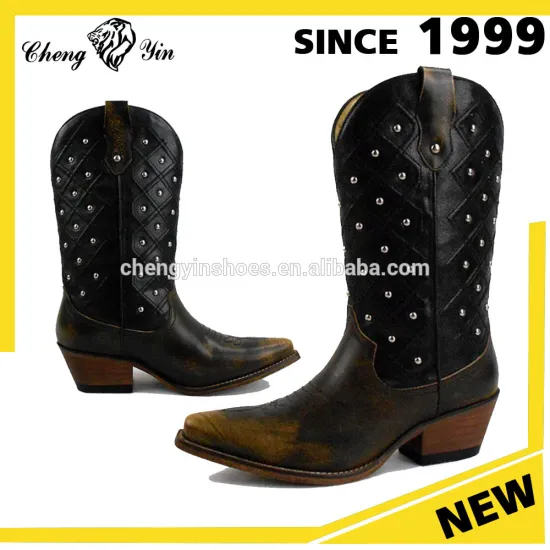 Black Genuine Leather Women Wenstern Cowboy Boot Made In China