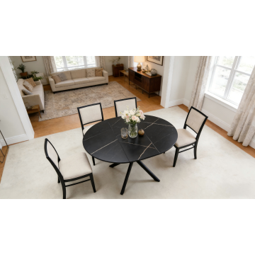 Сучасны драўляны раскладны абедзенны стол - узор з чорнага мармуру