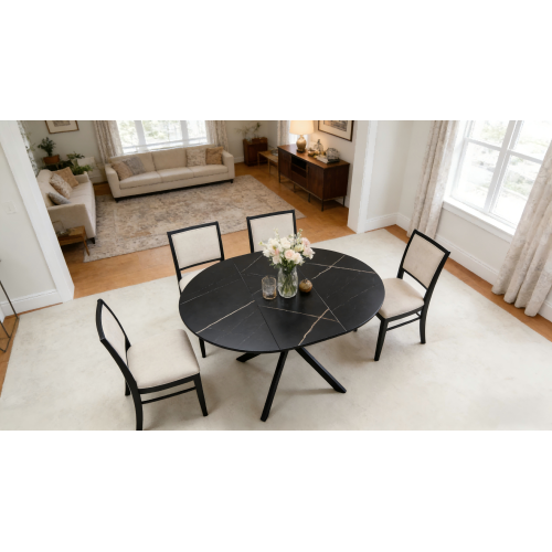 Сучасны драўляны раскладны абедзенны стол - узор з чорнага мармуру