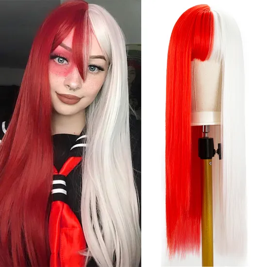 Wholesale Quality Factory Price Long Straight Wig Cosplay Halloween Lolita Synthetic Hair Half Color Two Tone Wigs With Bangs