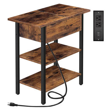 Retro Iron Side Table with Power Sockets and Flip-Top for Smart Bedside Use