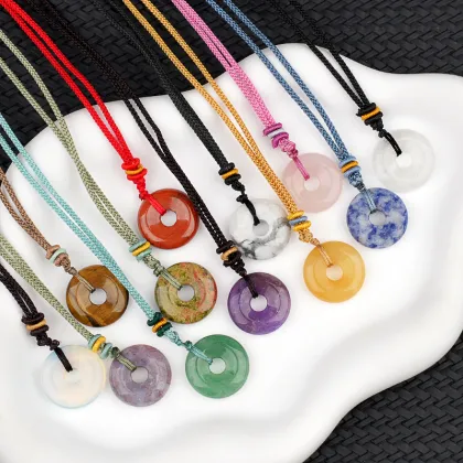 20MM Round Donut Pendant Woven Necklace With Colorful Rope Natural Crystal Circle Donut Pendant Charm Adjustable Choker Necklace