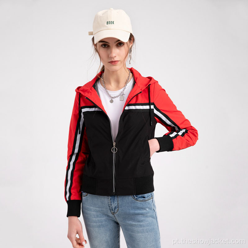 Jaqueta corta-vento com capuz e cor de colisão personalizada para mulheres