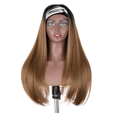 Hot 28 inches middle brown color Super Silk Straight wave Long heat resistant fiber Synthetic hair headband wig for balck woman