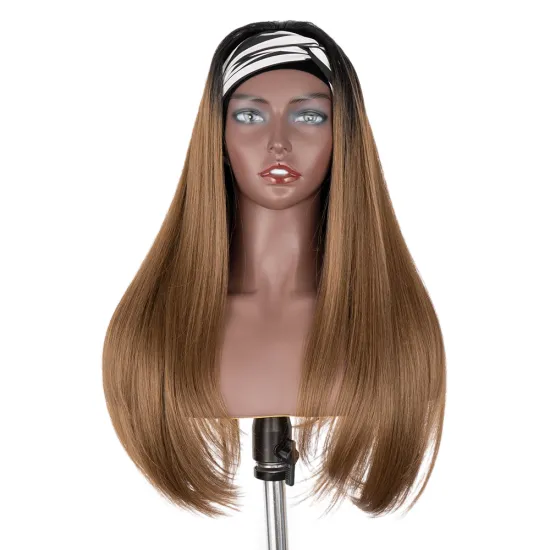 Hot 28 inches middle brown color Super Silk Straight wave Long heat resistant fiber Synthetic hair headband wig for balck woman