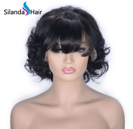 #1B Natural Wave Brazilian Remy Human Hair Lace Front Wigs 8 Inch