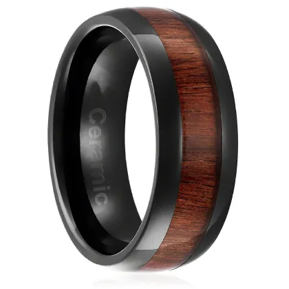 8mm Koa Wood Inlaid Black Ceramic Wedding Men's Ring - Black Ceramic Ring Blank with Koa Wood Inlay