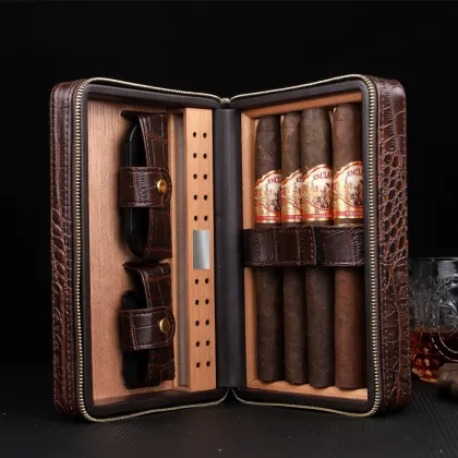 Portable Wood Cigar Humidor Box - Travel Leather Cigar Case for 4 Cigars