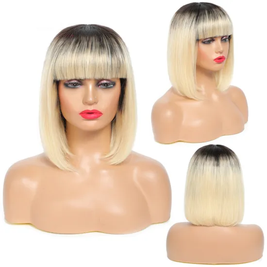 10 12 Inch Short Human Hair Non Lace Bob Wigs With Bangs 1B 613 Color Blonde Fringe Bob Human Hair Short Wig For Black Women