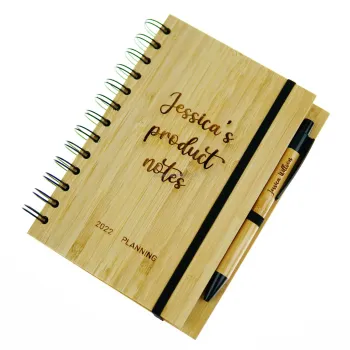 High Quality A5 Engraved Wood Hard Cover Bamboo Notebook with Pen