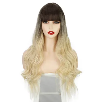 Vigorous Ombre Wavy Wigs Blonde Mix Brown Middle Part Cosplay Heat Resistant Synthetic Wig Bangs For Black Women Long Hair