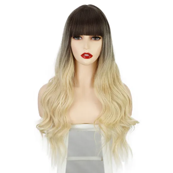 Vigorous Ombre Wavy Wigs Blonde Mix Brown Middle Part Cosplay Heat Resistant Synthetic Wig Bangs For Black Women Long Hair