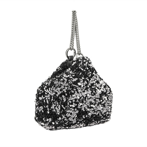 Sequined Chain Decorated Leather Handbag