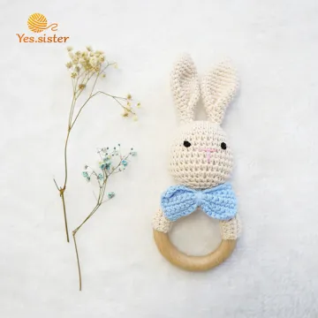Crochet Bunny Rattle Wooden Baby Teether