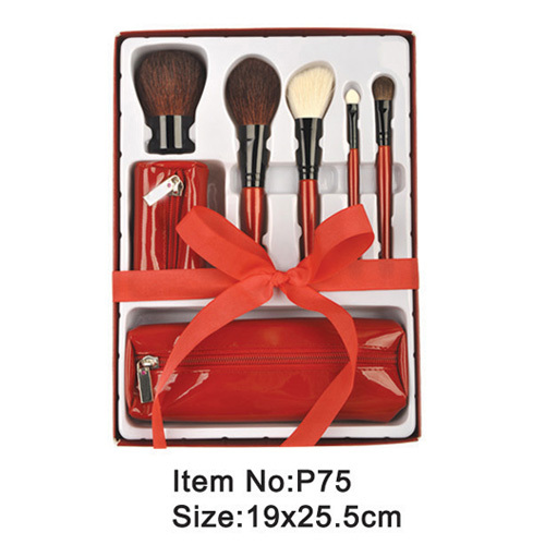 赤い PU ジッパー ケースで設定 5 点セットの赤いプラスチック製のハンドル動物/ナイロン髪化粧ブラシ ツール