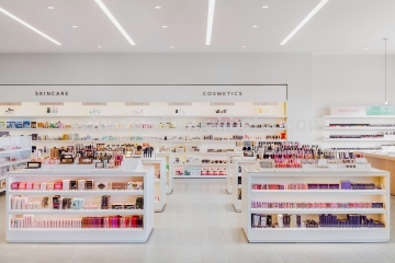 Wooden cosmetics display counters with LED lights wall-mounted metal frame glass shelves for makeup shop