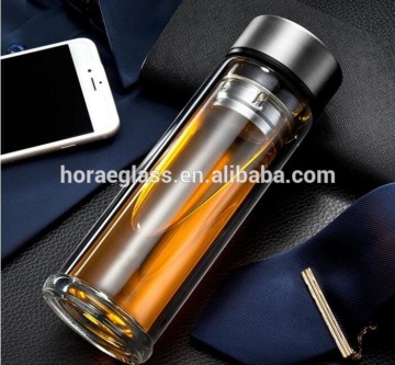 Customized Glassware Manufacturer Borosilicate Hand Made Double Wall Glass Bottle With Lid