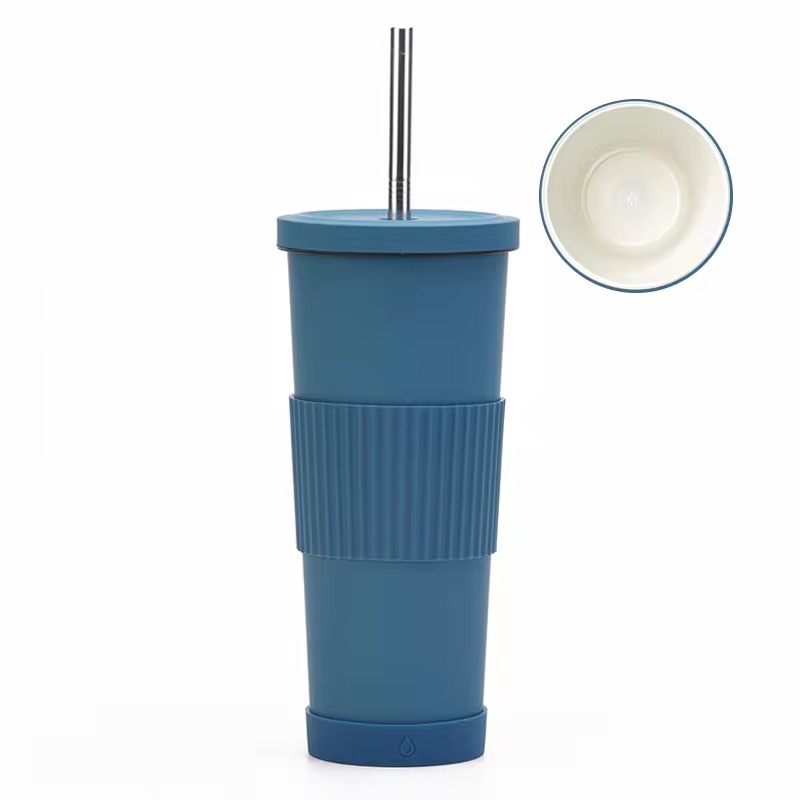 Colorful Ribbed Stainless Steel Tumbler with Straw
