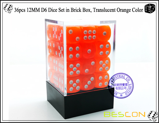 36pcs 12MM D6 Dice Set in Brick Box, Translucent Orange Color-1